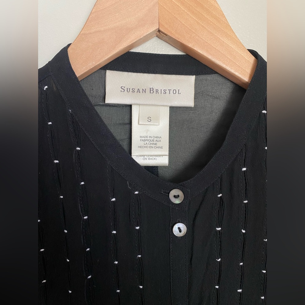 SUSAN BRISTOL Silk Black Button Up Sheer Blouse Size Small Vintage - Picture 5 of 15
